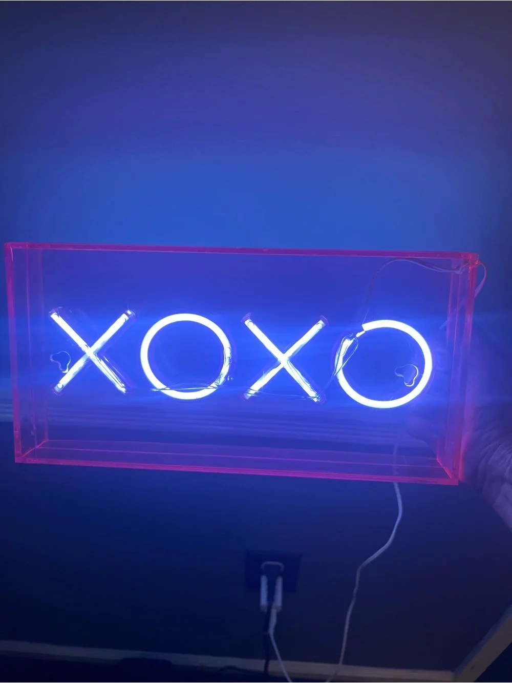 XOXO LED Neon Pink Acrylic Box Light - Blue Glow Tabletop Decor Wall Sign